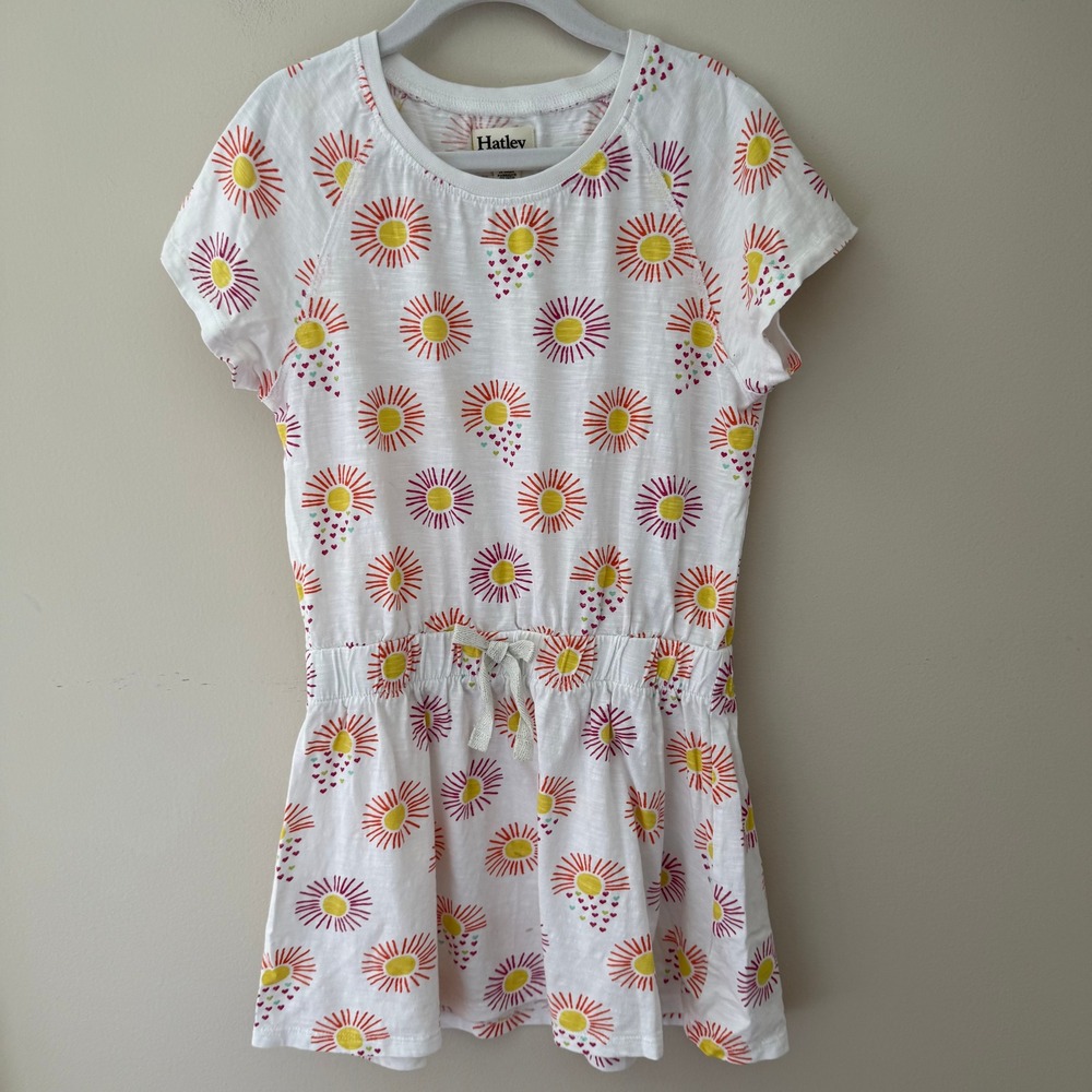 Hatley Girls White Sun Heart Print Short Sleeve Elastic Waist Dress Size 7